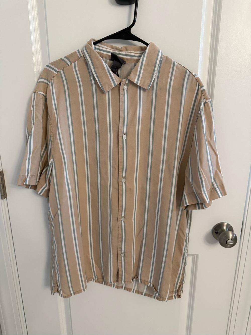 H&M Beige Short-Sleeve Button-Down with White & Light Blue Stripes